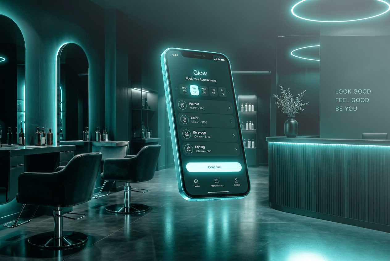 Salon interior with a glowing AI booking app
