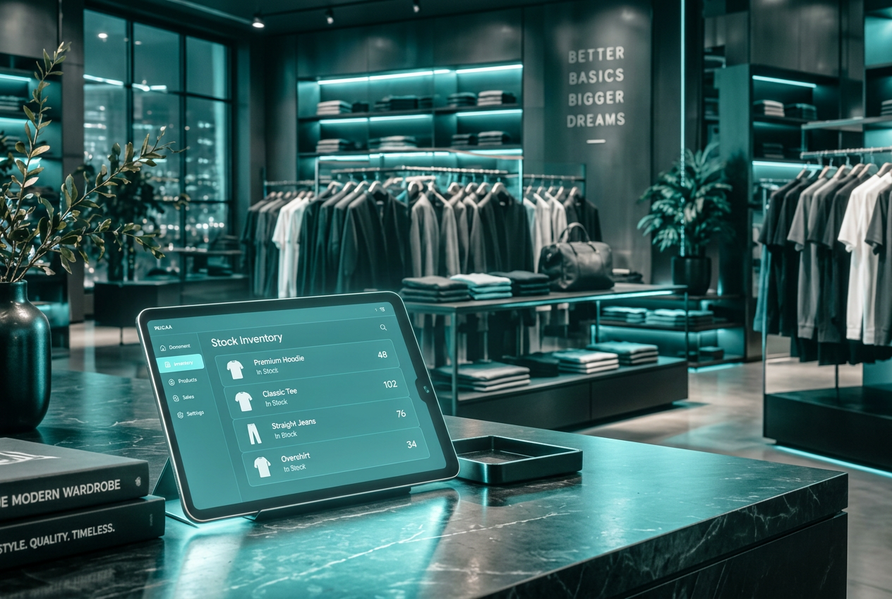 Boutique shelf with a glowing stock inventory dashboard